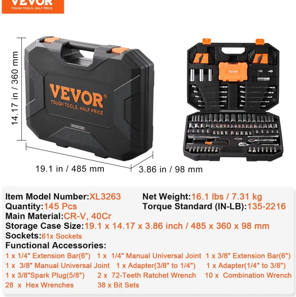 VEVOR Mechanics Tool Set and Socket Set, 1/4" and 3/8" Drive Deep and Standard Sockets, 145 Pcs SAE and Metric Mechanic Tool Kit with Bits, Combination Wrench, Hex Wrenches, Accessories, Storage Case