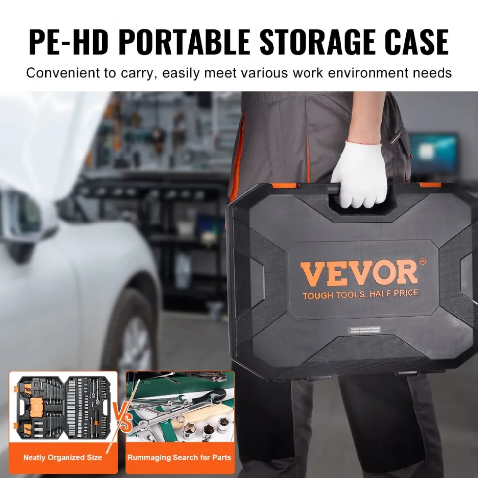 VEVOR Mechanics Tool Set and Socket Set, 1/4" and 3/8" Drive Deep and Standard Sockets, 145 Pcs SAE and Metric Mechanic Tool Kit with Bits, Combination Wrench, Hex Wrenches, Accessories, Storage Case