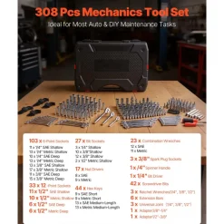 VEVOR Mechanics Tool Set, 314-Piece Mechanic Tool Kit, 1/4 in, 3/8 in, and 1/2 in Drive, Metric Socket Set, Wrenches, Screwdriver Bits, Accessories, and Storage Case, for Automotive and Home Repair