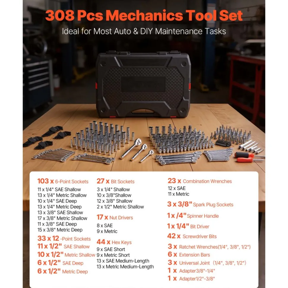 VEVOR Mechanics Tool Set, 314-Piece Mechanic Tool Kit, 1/4 in, 3/8 in, and 1/2 in Drive, Metric Socket Set, Wrenches, Screwdriver Bits, Accessories, and Storage Case, for Automotive and Home Repair