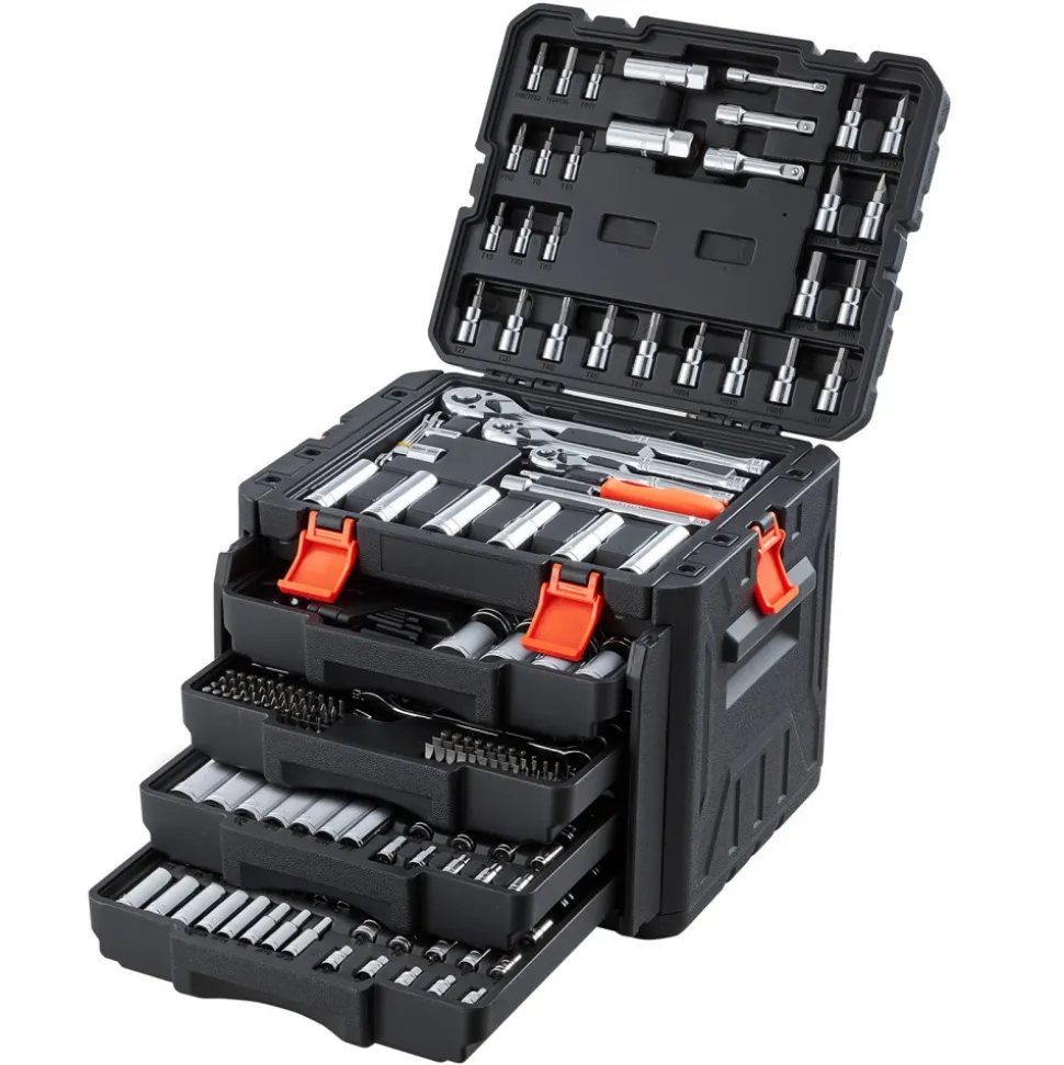 VEVOR Mechanics Tool Set, 297-Piece Mechanic Tool Kit, 1/4 in, 3/8 in, and 1/2 in Drive, SAE and Metric Socket Set, Wrenches, Screwdriver Bits, Accessories, and Storage Case, for Automotive Repair