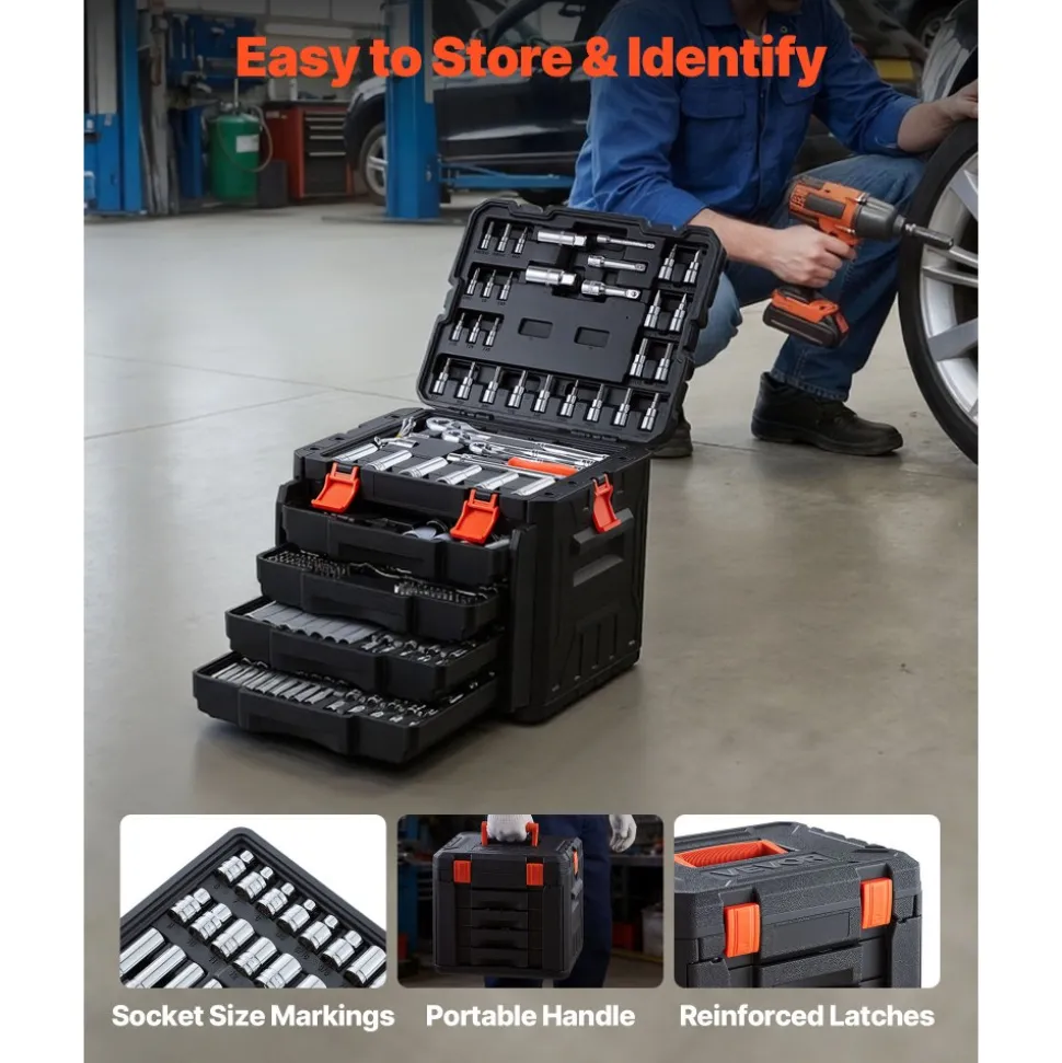 VEVOR Mechanics Tool Set, 297-Piece Mechanic Tool Kit, 1/4 in, 3/8 in, and 1/2 in Drive, SAE and Metric Socket Set, Wrenches, Screwdriver Bits, Accessories, and Storage Case, for Automotive Repair