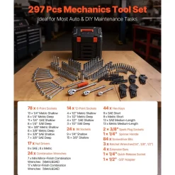 VEVOR Mechanics Tool Set, 297-Piece Mechanic Tool Kit, 1/4 in, 3/8 in, and 1/2 in Drive, SAE and Metric Socket Set, Wrenches, Screwdriver Bits, Accessories, and Storage Case, for Automotive Repair