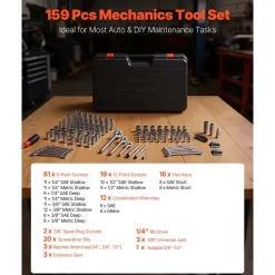 VEVOR Mechanics Tool Set, 159-Piece Mechanic Tool Kit, 1/4 in, 3/8 in, and 1/2 in Drive, SAE and Metric Socket Set, Wrenches, Screwdriver Bits, Accessories, and Storage Case, for Automotive Repair