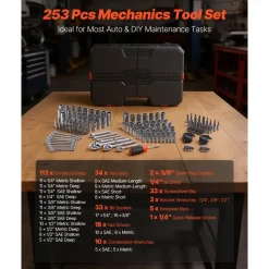 VEVOR Mechanics Tool Set, 253-Piece Mechanic Tool Kit, 1/4 in, 3/8 in, and 1/2 in Drive, SAE and Metric Socket Set, Wrenches, Screwdriver Bits, Accessories, and Storage Case, for Automotive Repair
