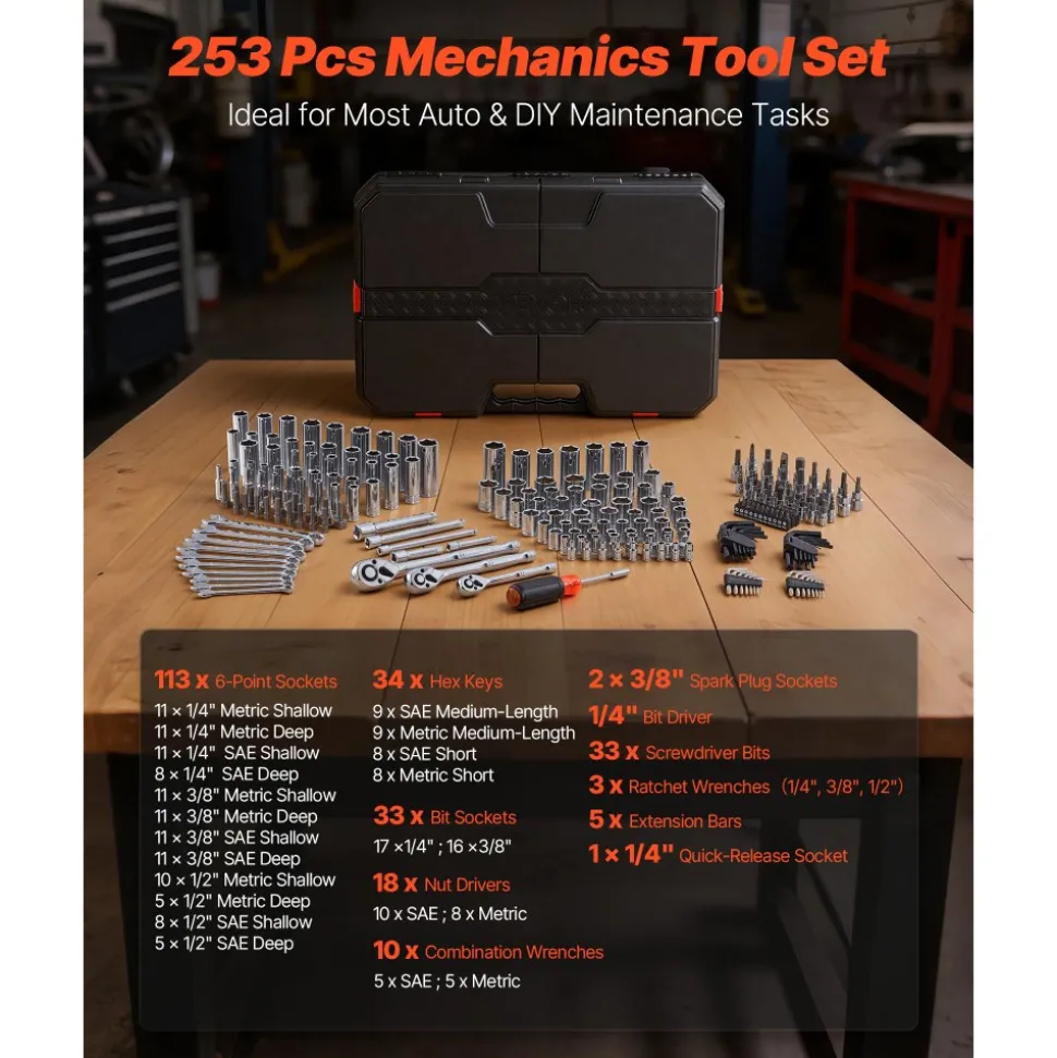 VEVOR Mechanics Tool Set, 253-Piece Mechanic Tool Kit, 1/4 in, 3/8 in, and 1/2 in Drive, SAE and Metric Socket Set, Wrenches, Screwdriver Bits, Accessories, and Storage Case, for Automotive Repair