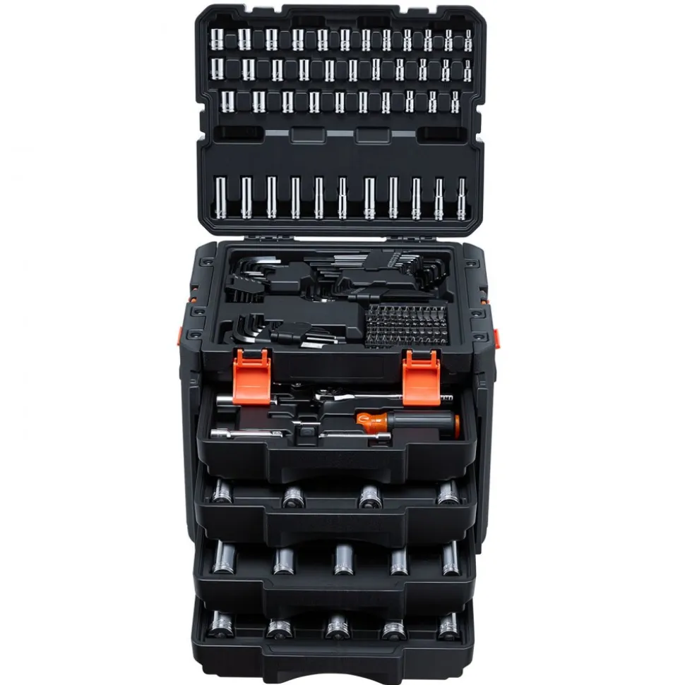 VEVOR Mechanics Tool Set, 256-Piece Mechanic Tool Kit, 1/4 in, 3/8 in, and 1/2 in Drive, SAE and Metric Socket Set, Wrenches, Screwdriver Bits, Accessories, and Storage Case, for Automotive Repair