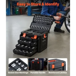 VEVOR Mechanics Tool Set, 256-Piece Mechanic Tool Kit, 1/4 in, 3/8 in, and 1/2 in Drive, SAE and Metric Socket Set, Wrenches, Screwdriver Bits, Accessories, and Storage Case, for Automotive Repair