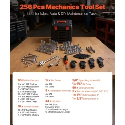 VEVOR Mechanics Tool Set, 256-Piece Mechanic Tool Kit, 1/4 in, 3/8 in, and 1/2 in Drive, SAE and Metric Socket Set, Wrenches, Screwdriver Bits, Accessories, and Storage Case, for Automotive Repair