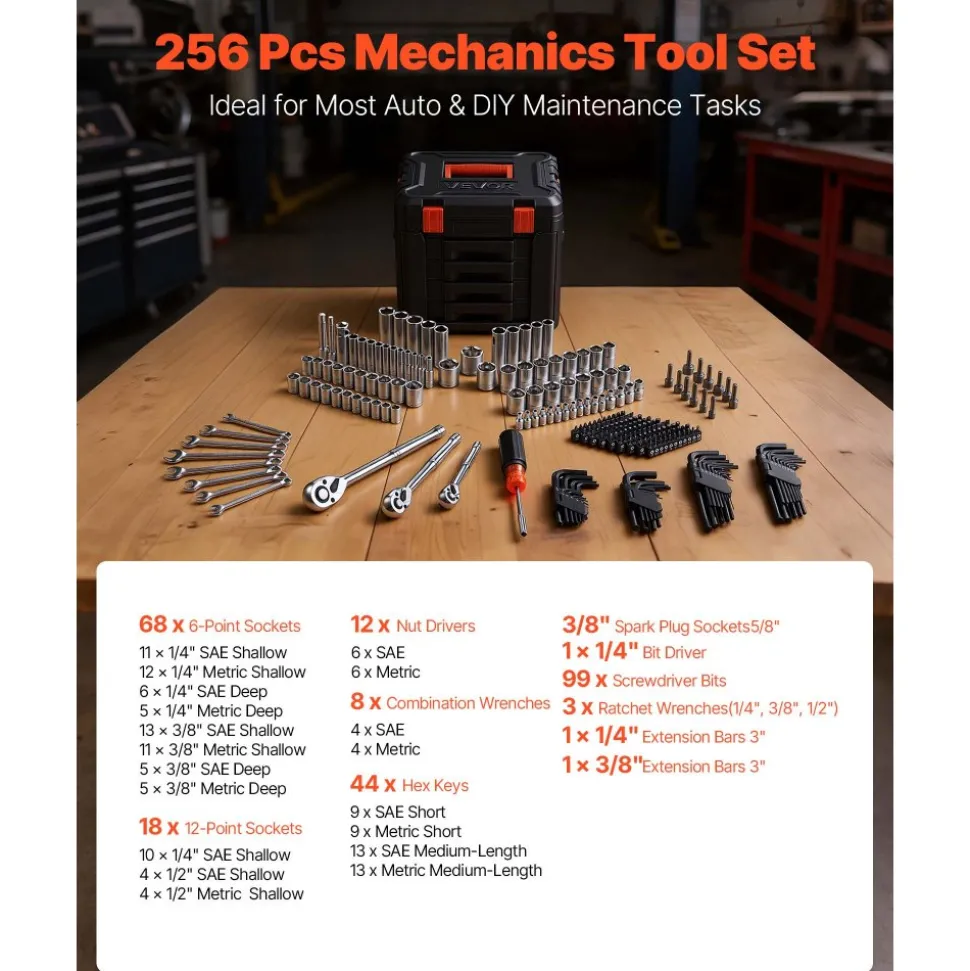 VEVOR Mechanics Tool Set, 256-Piece Mechanic Tool Kit, 1/4 in, 3/8 in, and 1/2 in Drive, SAE and Metric Socket Set, Wrenches, Screwdriver Bits, Accessories, and Storage Case, for Automotive Repair