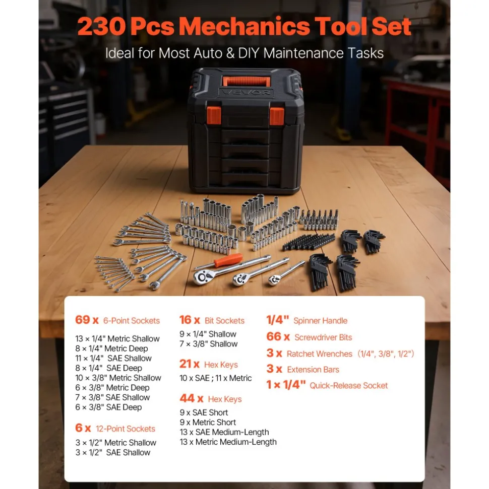 VEVOR Mechanics Tool Set, 230-Piece Mechanic Tool Kit, 1/4 in, 3/8 in, and 1/2 in Drive, SAE and Metric Socket Set, Wrenches, Screwdriver Bits, Accessories, and Storage Case, for Automotive Repair