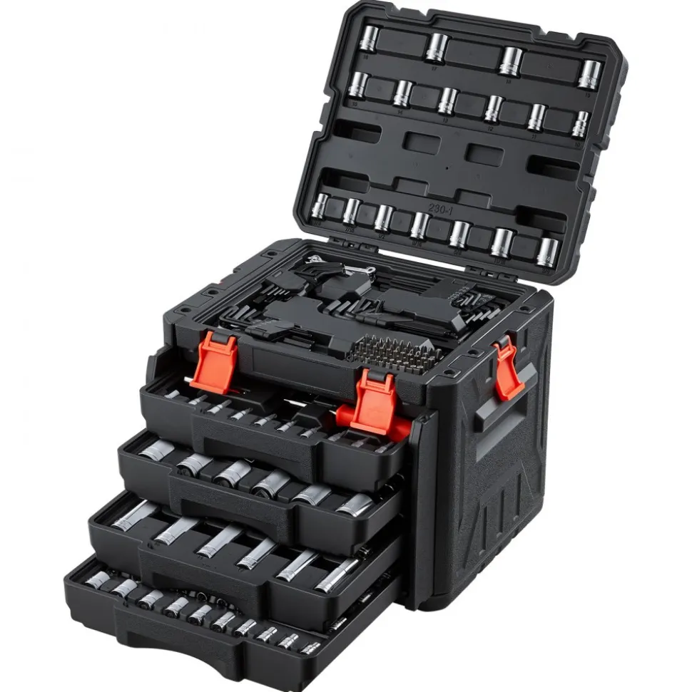 VEVOR Mechanics Tool Set, 230-Piece Mechanic Tool Kit, 1/4 in, 3/8 in, and 1/2 in Drive, SAE and Metric Socket Set, Wrenches, Screwdriver Bits, Accessories, and Storage Case, for Automotive Repair