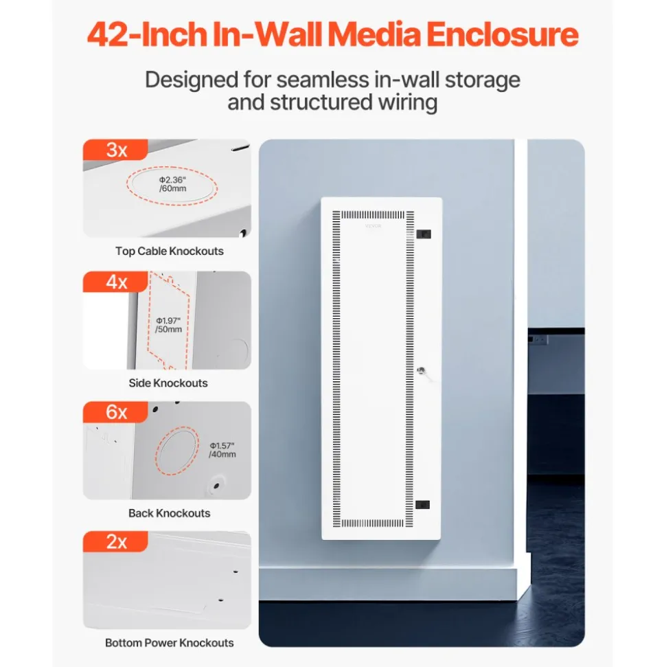 VEVOR Media Enclosure, 42-Inch, Structured Media Center with Vented Hinged Door, Cable Management Box, Structured Wiring Multi-Media Cabinet, Recessed Electrical Media Box, for Network Distribution