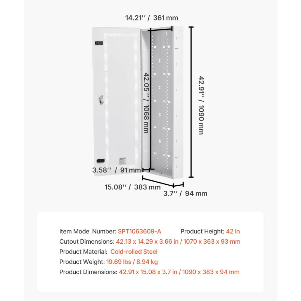 VEVOR Media Enclosure, 42-Inch, Structured Media Center with Vented Hinged Door, Cable Management Box, Structured Wiring Multi-Media Cabinet, Recessed Electrical Media Box, for Network Distribution