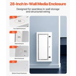 VEVOR Media Enclosure, 28-Inch, Structured Media Center with Vented Hinged Door, Cable Management Box, Structured Wiring Multi-Media Cabinet, Recessed Electrical Media Box, for Network Distribution