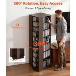 VEVOR Media Storage Cabinet, CD Rack Tower, 34 Compartments Rotating Media Tower Rack for CDs, DVDs, Books and Game Discs, DVD Stand for Living Room, Home Office and Recording Room, Brown