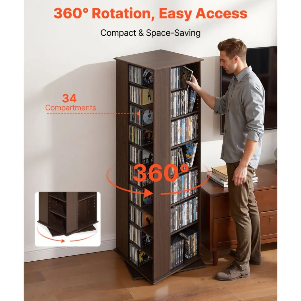 VEVOR Media Storage Cabinet, CD Rack Tower, 34 Compartments Rotating Media Tower Rack for CDs, DVDs, Books and Game Discs, DVD Stand for Living Room, Home Office and Recording Room, Brown