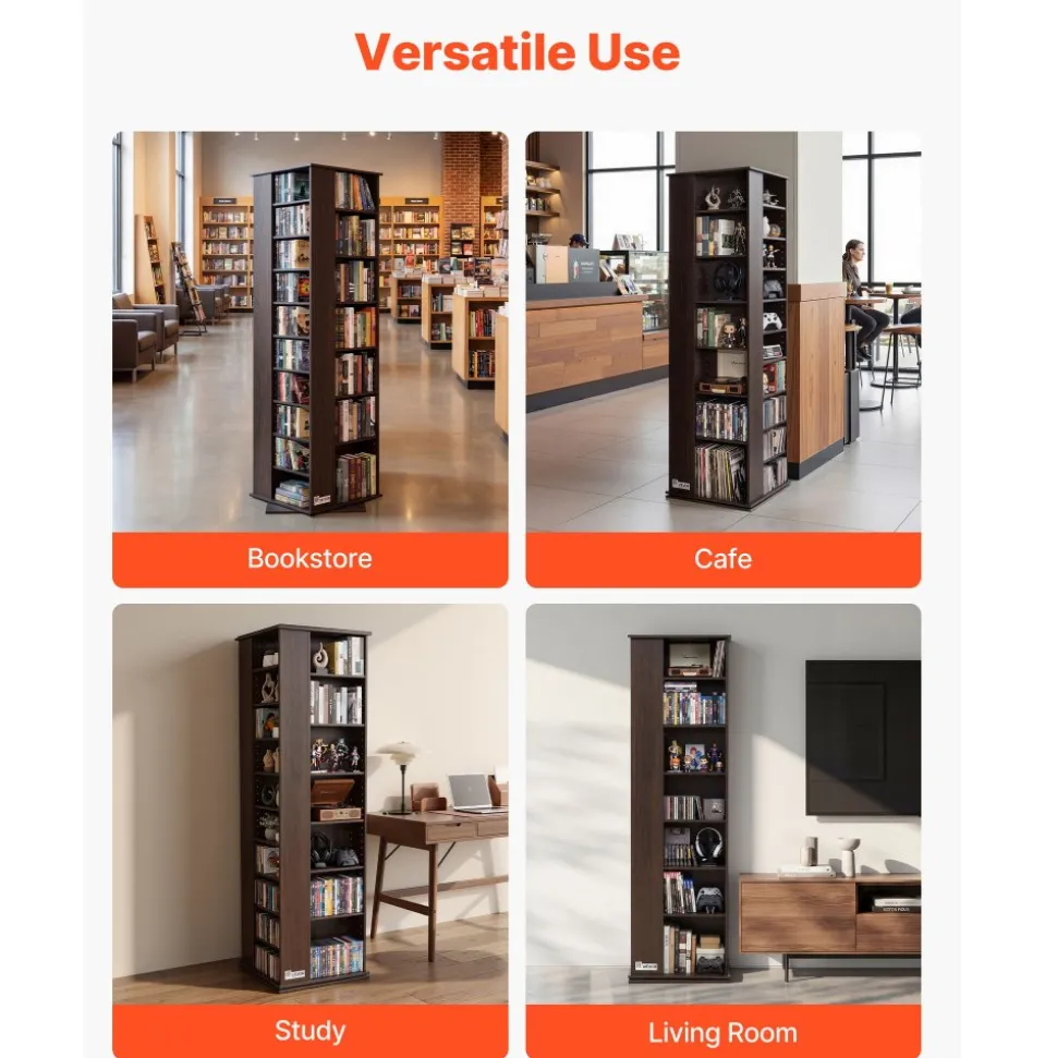 VEVOR Media Storage Cabinet, CD Rack Tower, 34 Compartments Rotating Media Tower Rack for CDs, DVDs, Books and Game Discs, DVD Stand for Living Room, Home Office and Recording Room, Brown