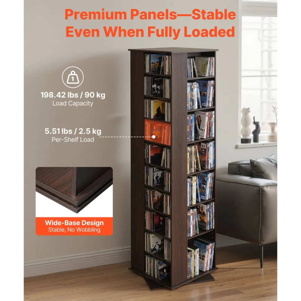 VEVOR Media Storage Cabinet, CD Rack Tower, 34 Compartments Rotating Media Tower Rack for CDs, DVDs, Books and Game Discs, DVD Stand for Living Room, Home Office and Recording Room, Brown