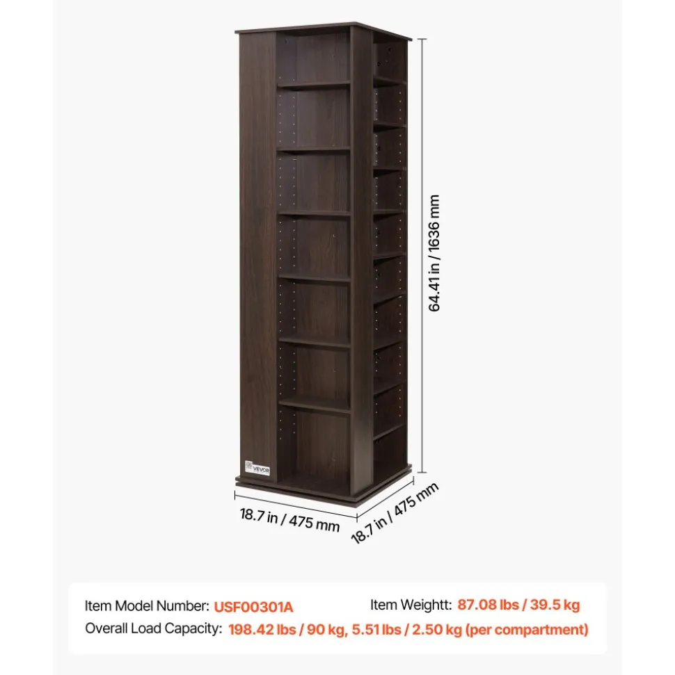 VEVOR Media Storage Cabinet, CD Rack Tower, 34 Compartments Rotating Media Tower Rack for CDs, DVDs, Books and Game Discs, DVD Stand for Living Room, Home Office and Recording Room, Brown