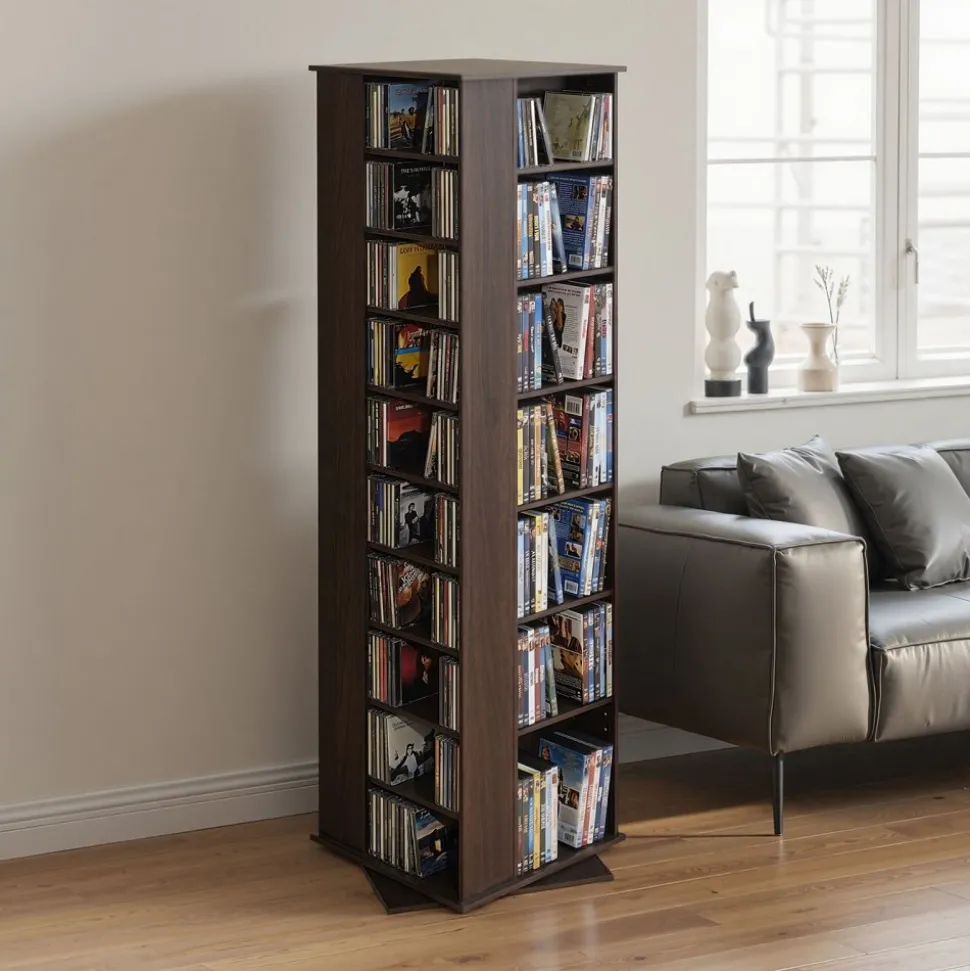 VEVOR Media Storage Cabinet, CD Rack Tower, 34 Compartments Rotating Media Tower Rack for CDs, DVDs, Books and Game Discs, DVD Stand for Living Room, Home Office and Recording Room, Brown