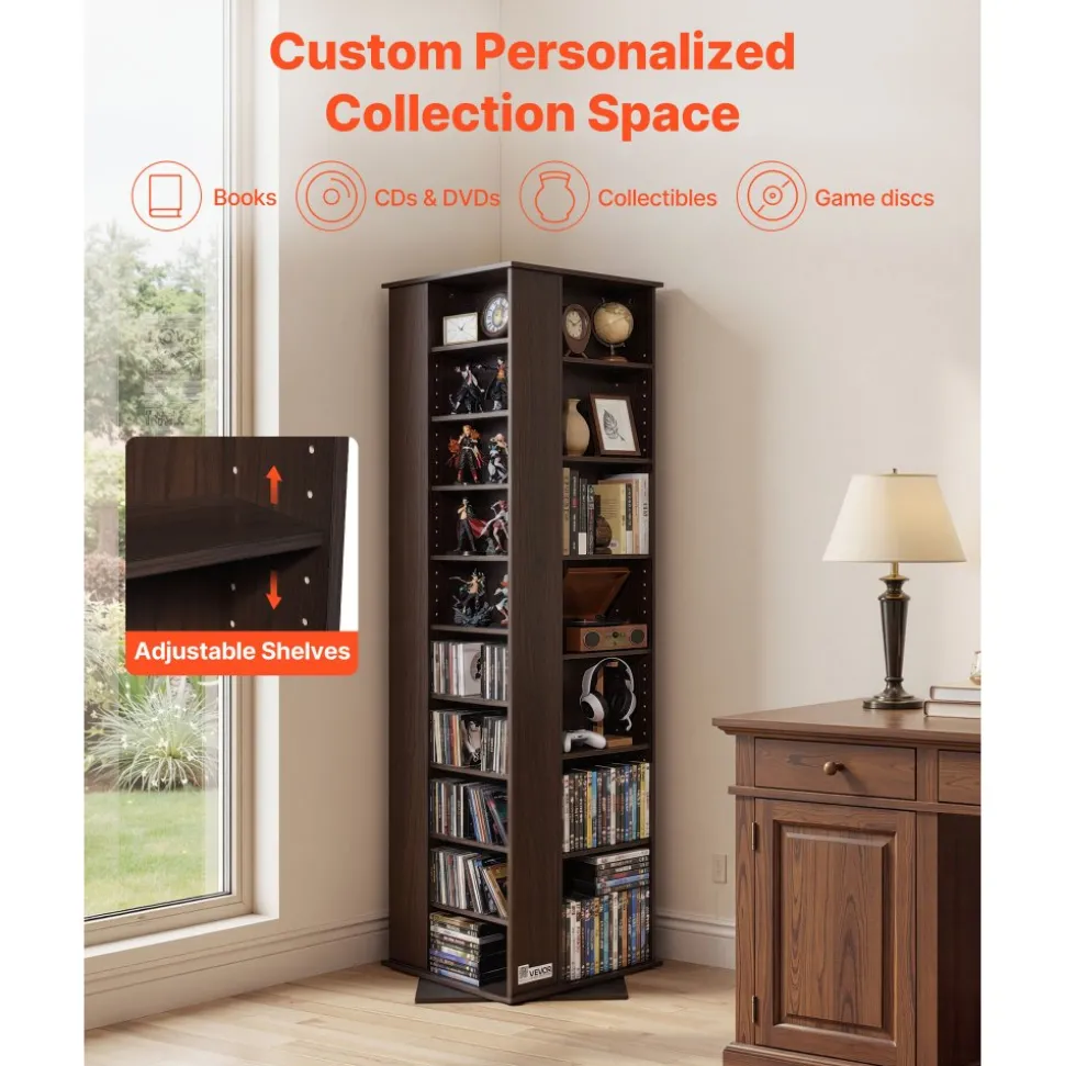 VEVOR Media Storage Cabinet, CD Rack Tower, 34 Compartments Rotating Media Tower Rack for CDs, DVDs, Books and Game Discs, DVD Stand for Living Room, Home Office and Recording Room, Brown