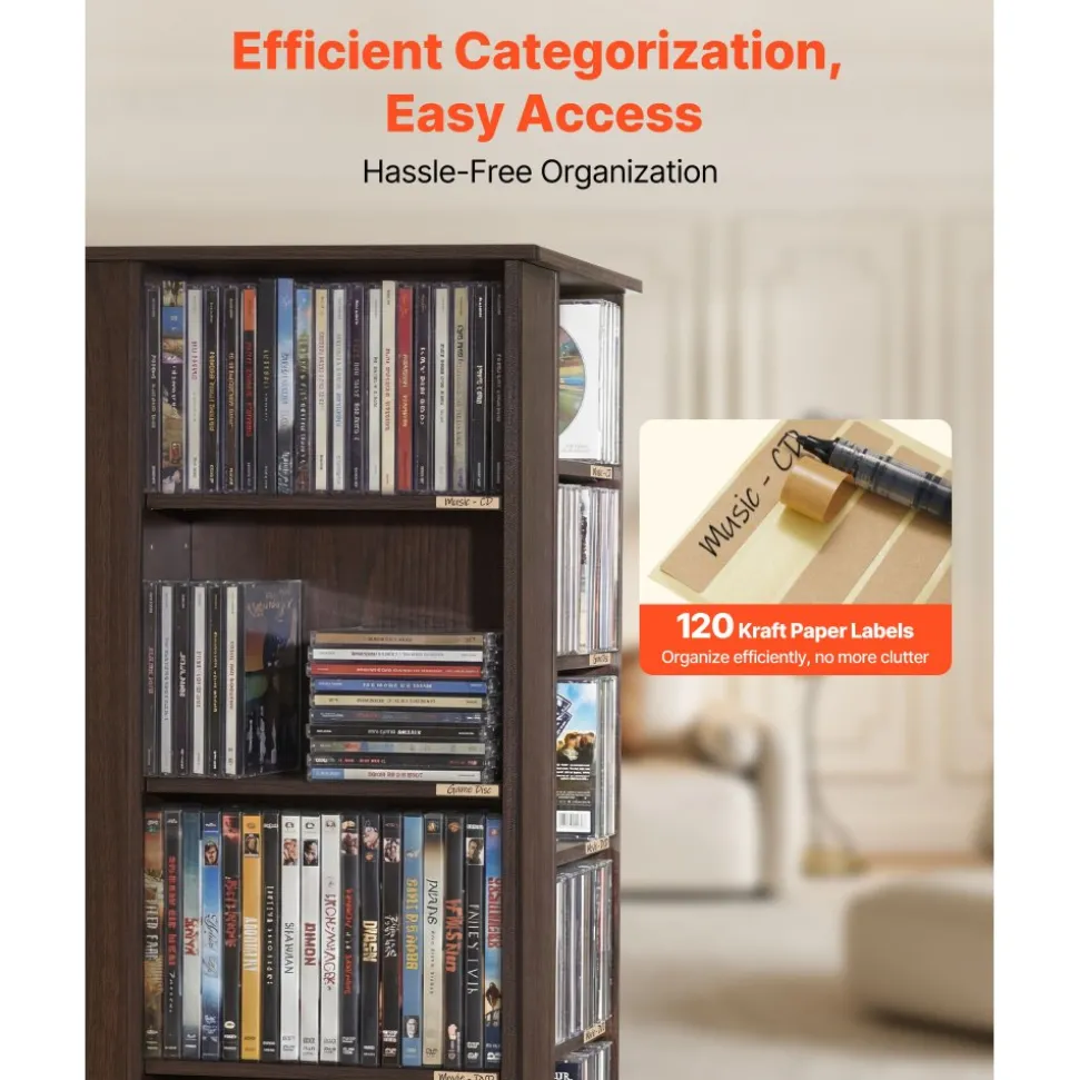 VEVOR Media Storage Cabinet, CD Rack Tower, 34 Compartments Rotating Media Tower Rack for CDs, DVDs, Books and Game Discs, DVD Stand for Living Room, Home Office and Recording Room, Brown