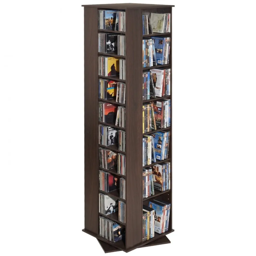 VEVOR Media Storage Cabinet, CD Rack Tower, 34 Compartments Rotating Media Tower Rack for CDs, DVDs, Books and Game Discs, DVD Stand for Living Room, Home Office and Recording Room, Brown