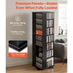 VEVOR Media Storage Cabinet, CD Rack Tower, 34 Compartments Rotating Media Tower Rack for CDs, DVDs, Books and Game Discs, DVD Stand for Living Room, Home Office and Recording Room, Black