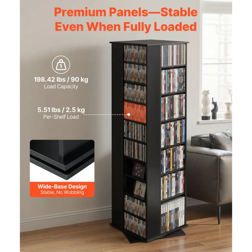 VEVOR Media Storage Cabinet, CD Rack Tower, 34 Compartments Rotating Media Tower Rack for CDs, DVDs, Books and Game Discs, DVD Stand for Living Room, Home Office and Recording Room, Black