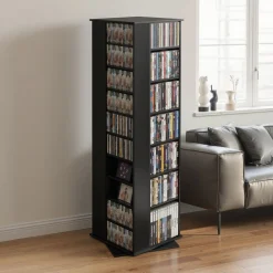 VEVOR Media Storage Cabinet, CD Rack Tower, 34 Compartments Rotating Media Tower Rack for CDs, DVDs, Books and Game Discs, DVD Stand for Living Room, Home Office and Recording Room, Black
