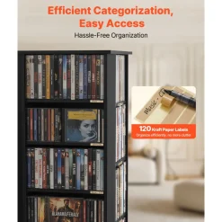 VEVOR Media Storage Cabinet, CD Rack Tower, 34 Compartments Rotating Media Tower Rack for CDs, DVDs, Books and Game Discs, DVD Stand for Living Room, Home Office and Recording Room, Black