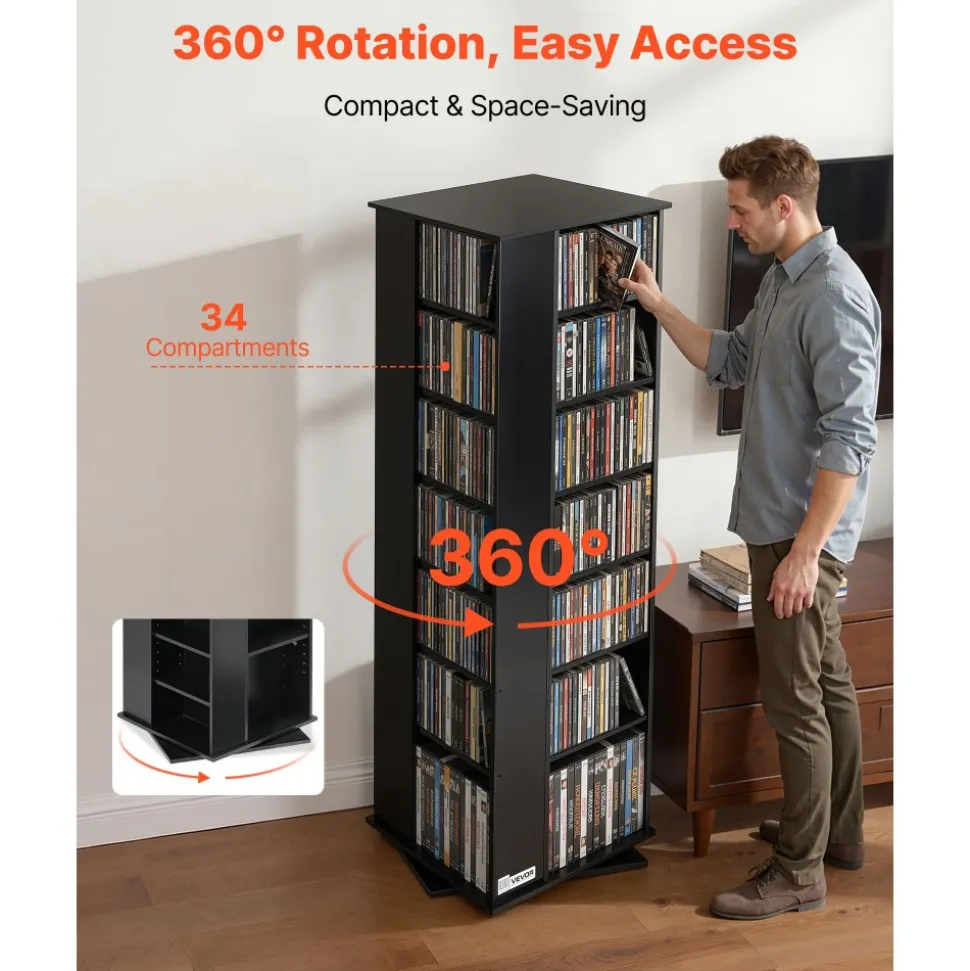 VEVOR Media Storage Cabinet, CD Rack Tower, 34 Compartments Rotating Media Tower Rack for CDs, DVDs, Books and Game Discs, DVD Stand for Living Room, Home Office and Recording Room, Black