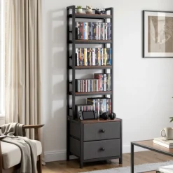 VEVOR Media Storage Cabinet, 4-Shelf DVD Shelf Organizer with Drawers, 15.75 x 11.81 x 56.50 in Multimedia Storage Organizer for CDs, DVDs, Books and Games, CD Cabinet for Living Room, Home Office