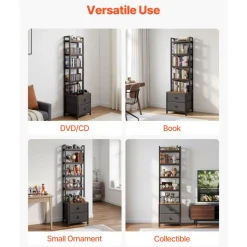 VEVOR Media Storage Cabinet, 4-Shelf DVD Shelf Organizer with Drawers, 15.75 x 11.81 x 56.50 in Multimedia Storage Organizer for CDs, DVDs, Books and Games, CD Cabinet for Living Room, Home Office