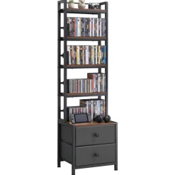 VEVOR Media Storage Cabinet, 4-Shelf DVD Shelf Organizer with Drawers, 15.75 x 11.81 x 56.50 in Multimedia Storage Organizer for CDs, DVDs, Books and Games, CD Cabinet for Living Room, Home Office