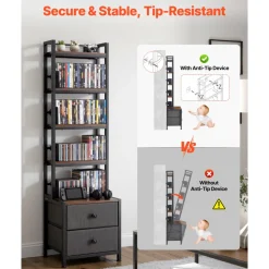 VEVOR Media Storage Cabinet, 4-Shelf DVD Shelf Organizer with Drawers, 15.75 x 11.81 x 56.50 in Multimedia Storage Organizer for CDs, DVDs, Books and Games, CD Cabinet for Living Room, Home Office