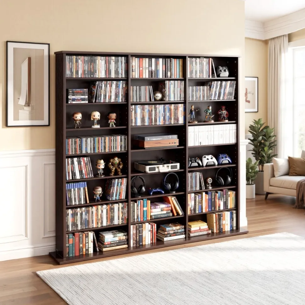 VEVOR Media Storage Cabinet, 8-Tier DVD Shelf Organizer, 55.91 x 8.66 x 51.18 in Multimedia Storage Organizer for CDs, DVDs, Books & Games, CD Shelf for Living Room, Home Office, Recording Room, Brown