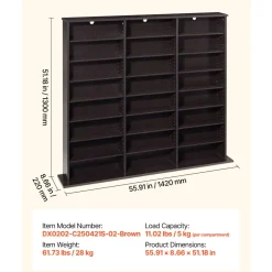 VEVOR Media Storage Cabinet, 8-Tier DVD Shelf Organizer, 55.91 x 8.66 x 51.18 in Multimedia Storage Organizer for CDs, DVDs, Books & Games, CD Shelf for Living Room, Home Office, Recording Room, Brown