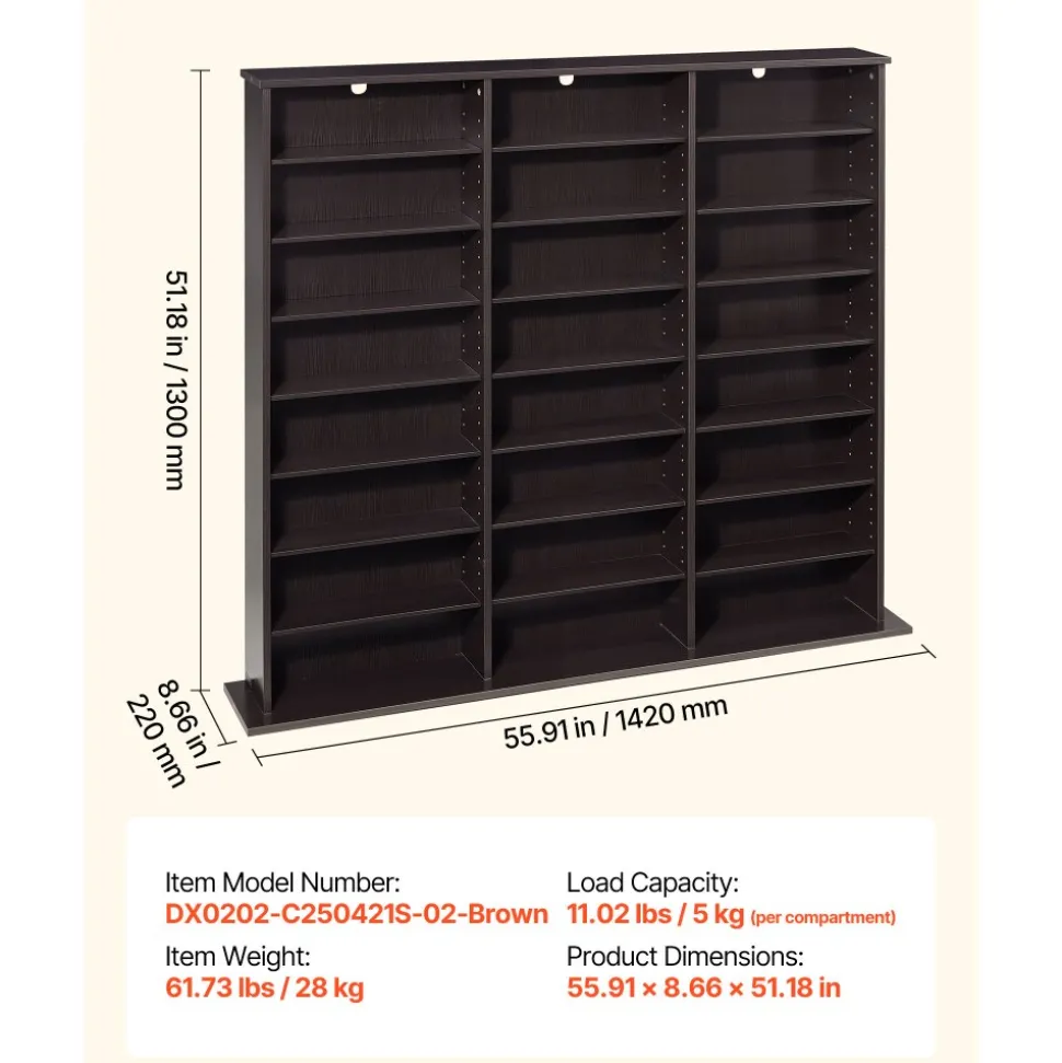 VEVOR Media Storage Cabinet, 8-Tier DVD Shelf Organizer, 55.91 x 8.66 x 51.18 in Multimedia Storage Organizer for CDs, DVDs, Books & Games, CD Shelf for Living Room, Home Office, Recording Room, Brown
