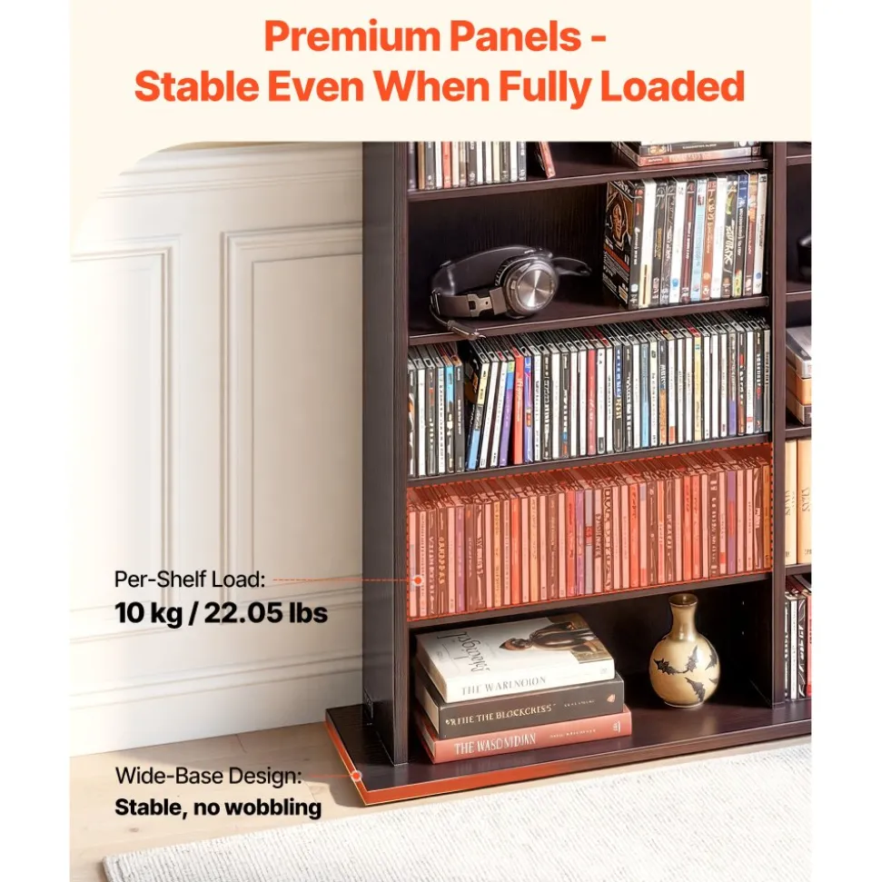 VEVOR Media Storage Cabinet, 8-Tier DVD Shelf Organizer, 55.91 x 8.66 x 51.18 in Multimedia Storage Organizer for CDs, DVDs, Books & Games, CD Shelf for Living Room, Home Office, Recording Room, Brown
