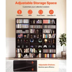 VEVOR Media Storage Cabinet, 8-Tier DVD Shelf Organizer, 55.91 x 8.66 x 51.18 in Multimedia Storage Organizer for CDs, DVDs, Books & Games, CD Shelf for Living Room, Home Office, Recording Room, Brown