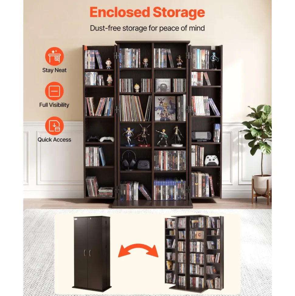 VEVOR Media Storage Cabinet, 6-Tier DVD Shelf Organizer, 24.02 x 14.49 x 50 in Multimedia Storage Organizer for CDs, DVDs, Books, Games, CD Shelf for Living Room, Home Office, Recording Room, Black