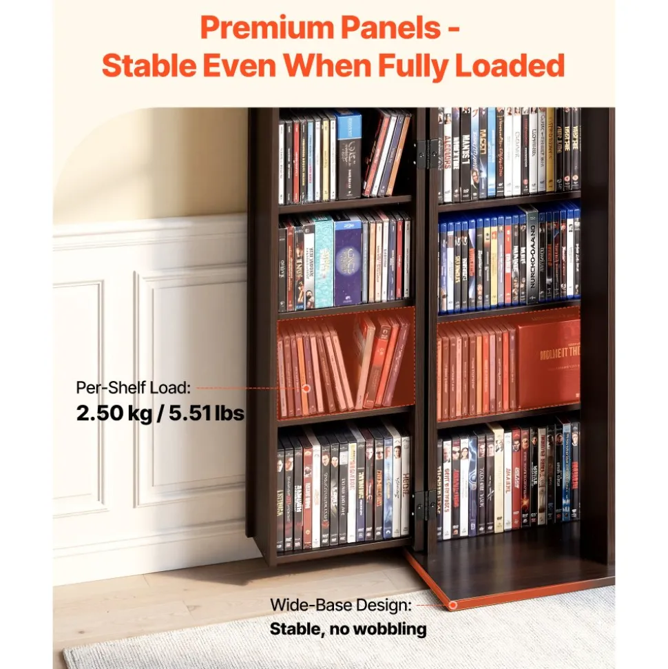 VEVOR Media Storage Cabinet, 6-Tier DVD Shelf Organizer, 24.02 x 14.49 x 50 in Multimedia Storage Organizer for CDs, DVDs, Books, Games, CD Shelf for Living Room, Home Office, Recording Room, Black