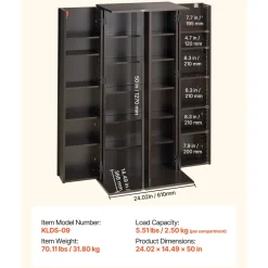 VEVOR Media Storage Cabinet, 6-Tier DVD Shelf Organizer, 24.02 x 14.49 x 50 in Multimedia Storage Organizer for CDs, DVDs, Books, Games, CD Shelf for Living Room, Home Office, Recording Room, Black