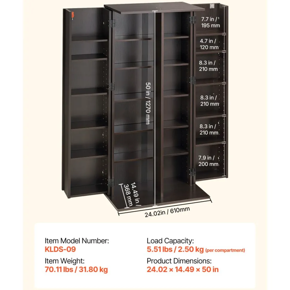 VEVOR Media Storage Cabinet, 6-Tier DVD Shelf Organizer, 24.02 x 14.49 x 50 in Multimedia Storage Organizer for CDs, DVDs, Books, Games, CD Shelf for Living Room, Home Office, Recording Room, Black