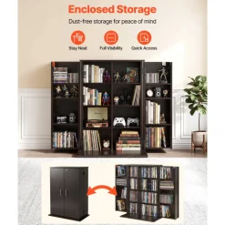 VEVOR Media Storage Cabinet, 4-Tier DVD Shelf Organizer, 24.02 x 14.49 x 33.31 in Multimedia Storage Organizer for CDs, DVDs, Books, Games, CD Shelf for Living Room, Home Office, Recording Room, Brown