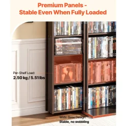 VEVOR Media Storage Cabinet, 4-Tier DVD Shelf Organizer, 24.02 x 14.49 x 33.31 in Multimedia Storage Organizer for CDs, DVDs, Books, Games, CD Shelf for Living Room, Home Office, Recording Room, Brown