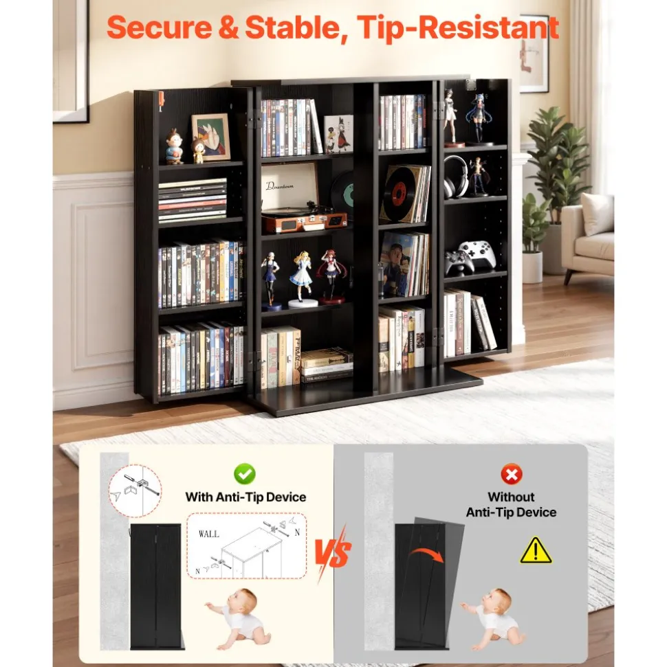 VEVOR Media Storage Cabinet, 7-Tier DVD Shelf Organizer, 27.56 x 11.81 x 55.12 in Multimedia Storage Organizer for CDs, DVDs, Books and Games, CD Shelf for Living Room, Home Office, Recording Room