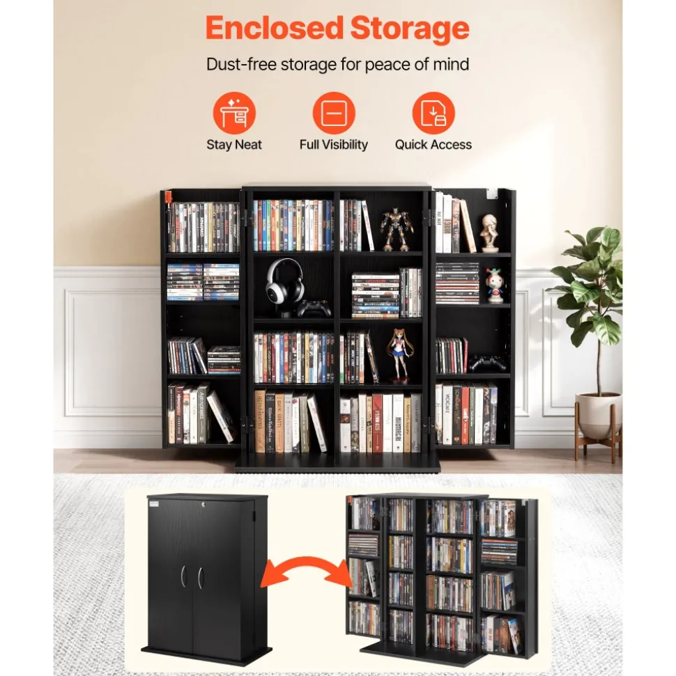 VEVOR Media Storage Cabinet, 7-Tier DVD Shelf Organizer, 27.56 x 11.81 x 55.12 in Multimedia Storage Organizer for CDs, DVDs, Books and Games, CD Shelf for Living Room, Home Office, Recording Room